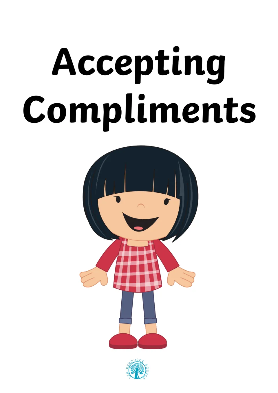 Accepting Compliments Social Story cover: title above a smiling cartoon girl in a red checked top and red shoes