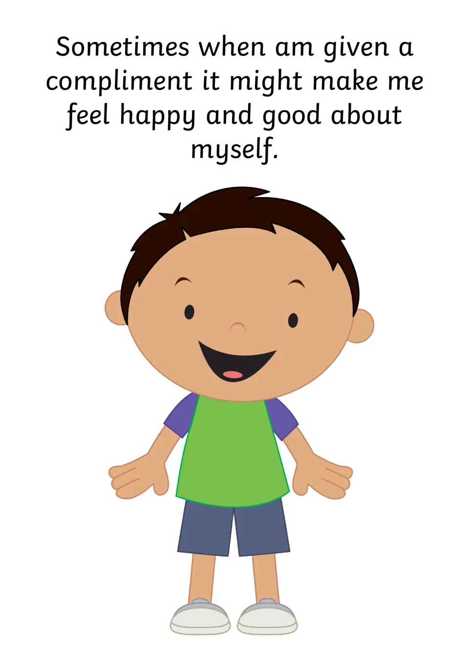 Feelings after a compliment: it might make me feel happy and good about myself, shown by a broadly smiling boy in green