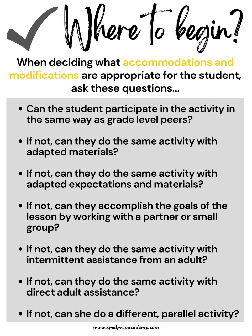 Grayscale Where to begin? sheet: questions stepping from adapted materials to adult assistance before a parallel activity
