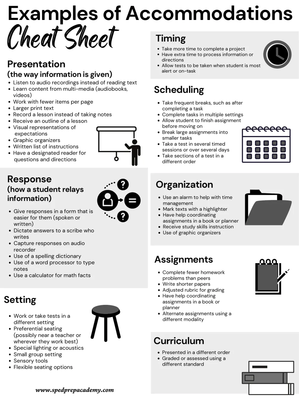 Grayscale accommodation examples such as extra time, preferential seating, audiobooks and fewer homework problems