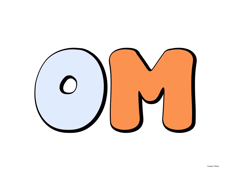 Bubble letters O and M in light blue and orange, a cut-out piece continuing the word Accomplishments for the heading