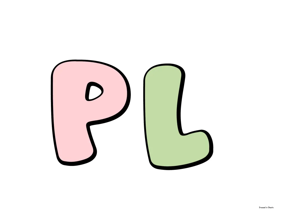 Bubble letters P and L in pink and green, a cut-out piece of the Accomplishments heading shown on the display
