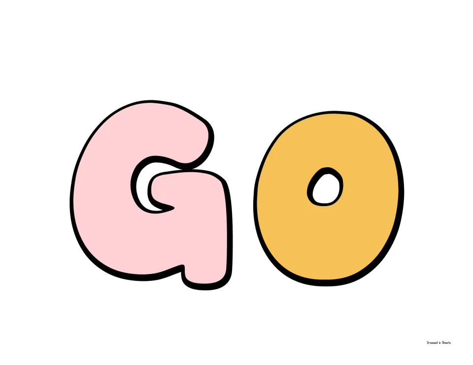 Bubble letters G and O in pink and yellow, a cut-out piece that starts the word Goals on the second heading line