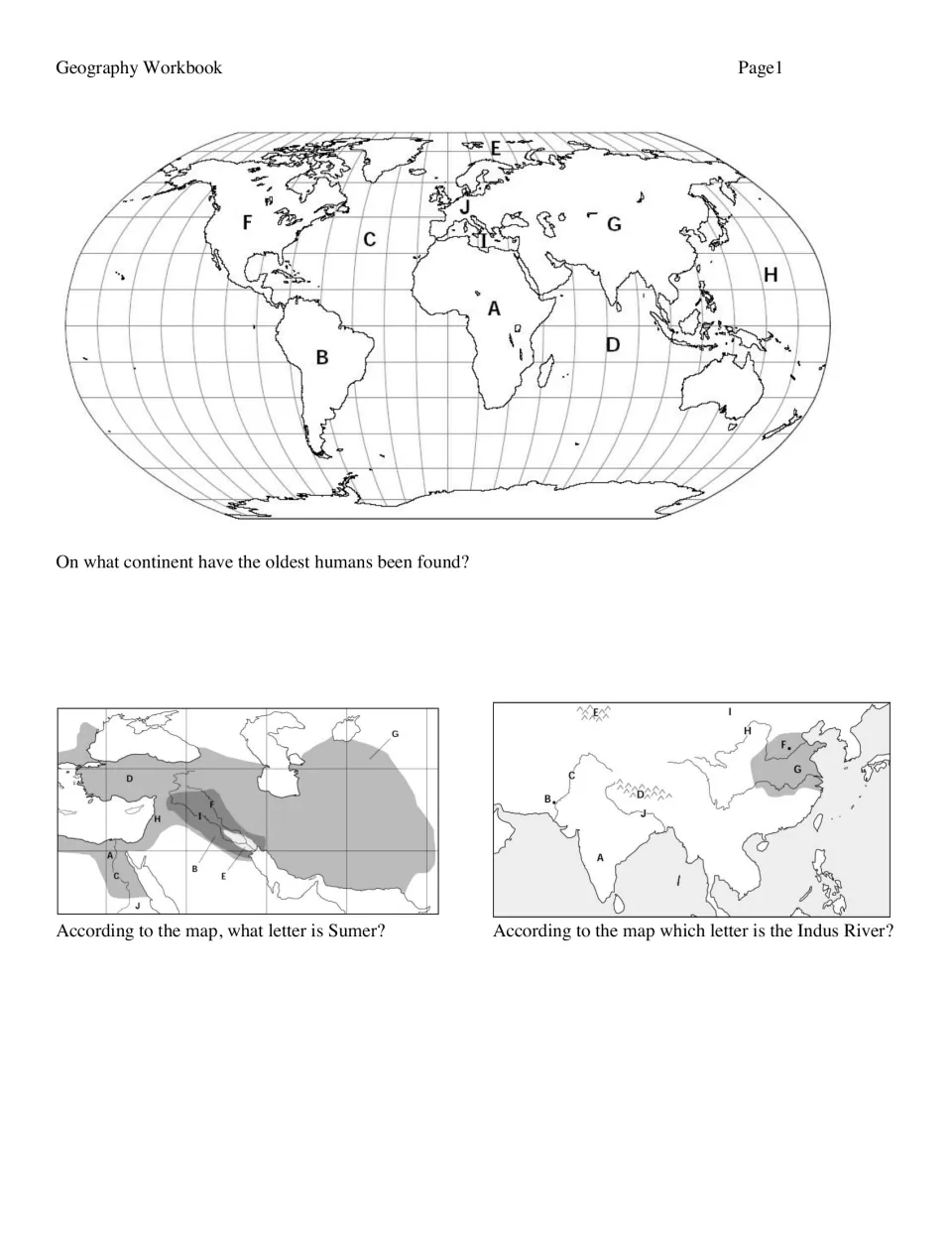 Early civilizations map reading: students use lettered maps to find oldest humans' continent, Sumer and Indus River