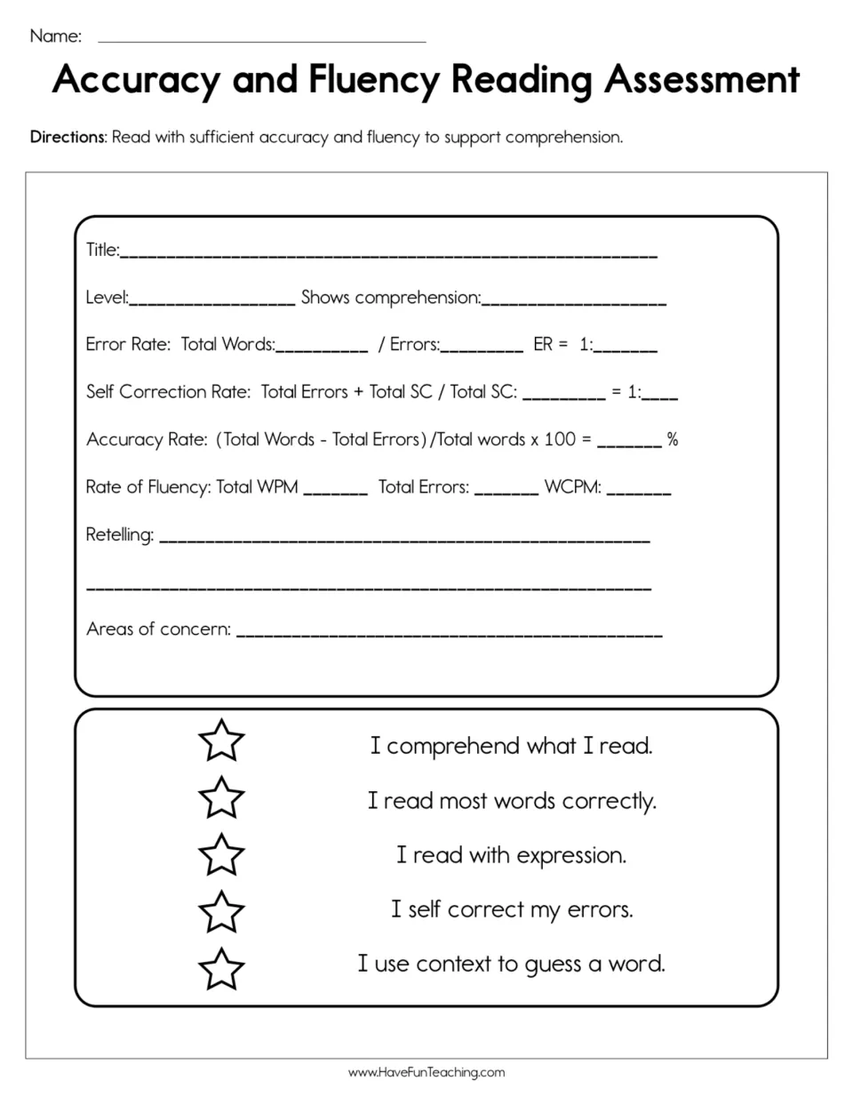 Reading record form: teacher logs error, self-correction and accuracy rates, WPM and retelling; student rates 5 star goals