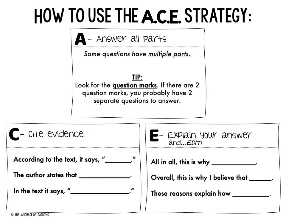 How to use the A.C.E. strategy in black and white: answer all parts, cite evidence and explain, with sentence starters