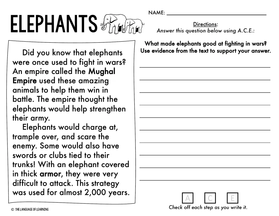 Elephants in war passage about the Mughal Empire: students cite text evidence to explain what made elephants good fighters