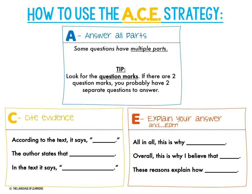 Color A.C.E. strategy guide: a tip on spotting multi-part questions plus starters to cite evidence and explain answers