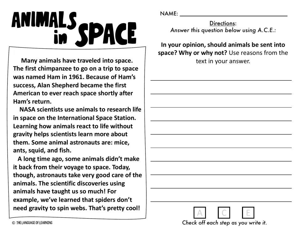 Animals in Space passage on Ham and NASA research; students argue if animals should be sent to space, with text reasons