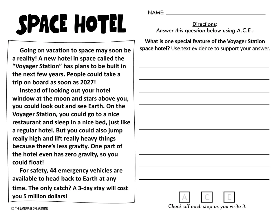 Space Hotel passage about the planned Voyager Station; students name one special feature of the hotel using text evidence
