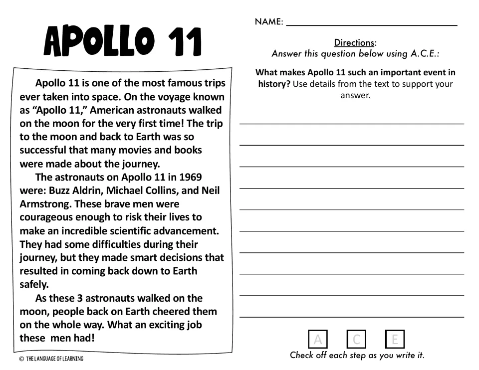 Apollo 11 passage on the 1969 moon landing crew; students explain why the mission mattered in history, citing details