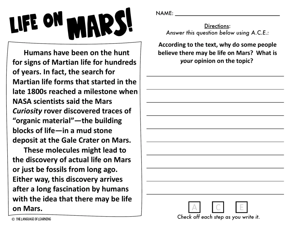 Life on Mars passage on Curiosity finding organic material; students give text reasons for Martian life and their opinion
