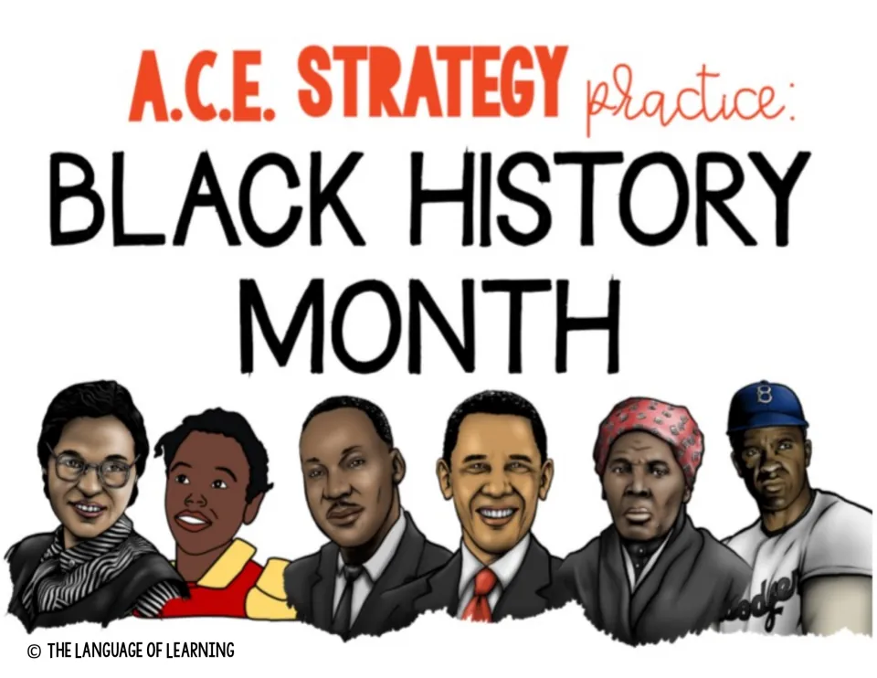 Cover of the Black History Month A.C.E. strategy practice packet featuring portraits of six Black leaders