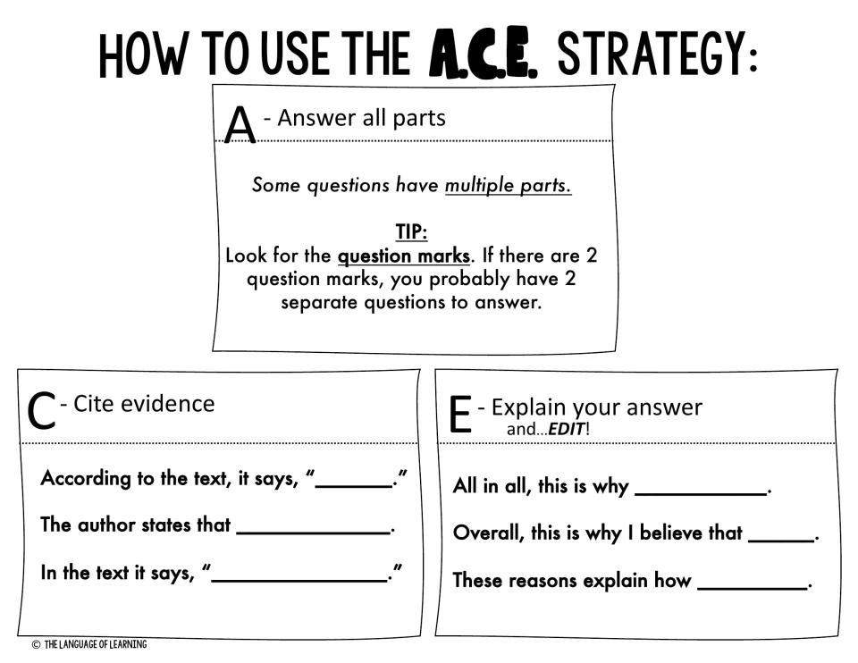 Black-and-white A.C.E. poster: answer all parts, cite evidence, and explain your answer and edit