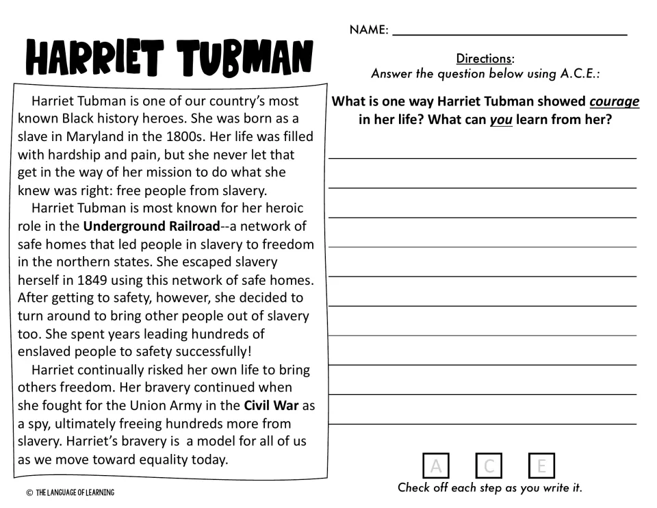Harriet Tubman biography and A.C.E. prompt asking how she showed courage and what students can learn from her
