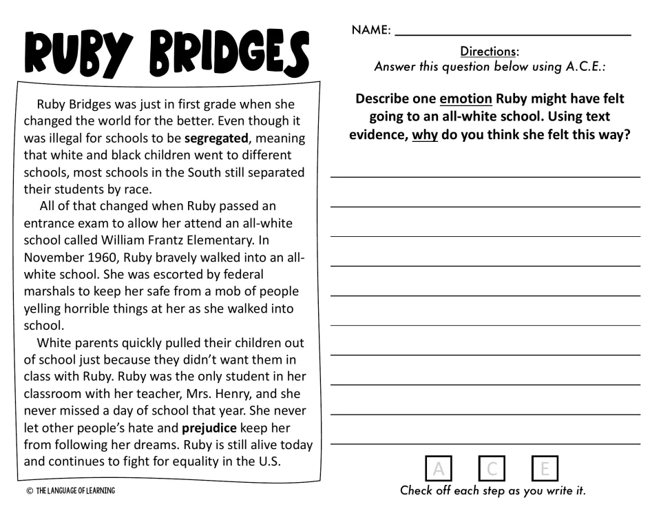 Ruby Bridges biography and A.C.E. prompt asking students to infer her emotions using text evidence