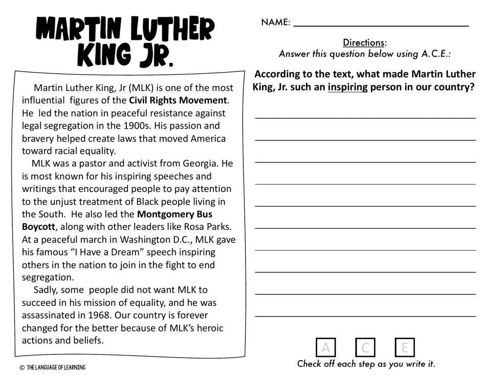 Martin Luther King Jr. biography and A.C.E. prompt asking what made him an inspiring person in the country