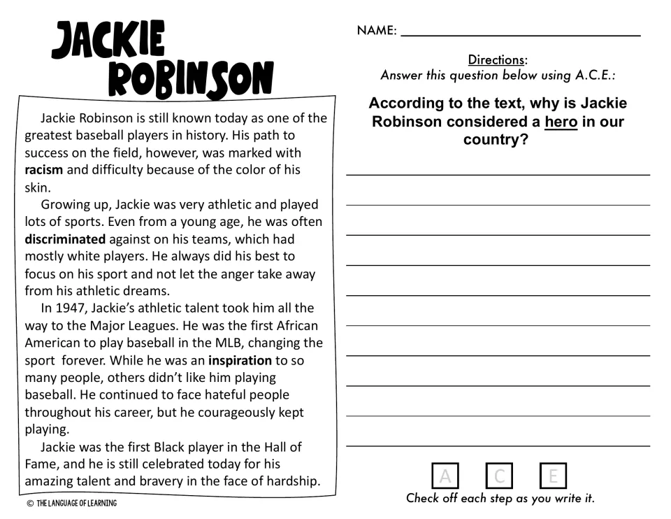 Jackie Robinson biography and A.C.E. prompt asking why he is considered a hero, according to the text