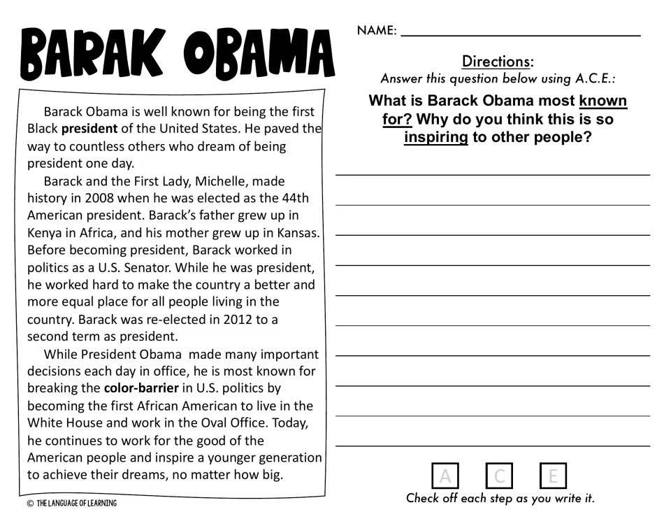 Barack Obama biography and A.C.E. prompt asking what he is most known for and why it inspires others