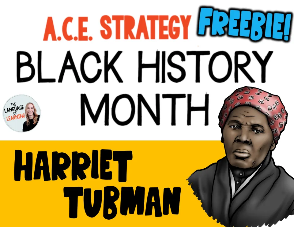 A.C.E. Strategy Black History Month cover for a Harriet Tubman reading response, with an illustrated portrait of her