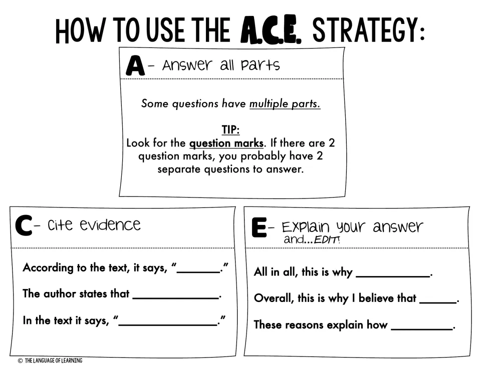 A.C.E. strategy guide: answer all parts, cite evidence, explain and edit, with sentence starters for citing and concluding