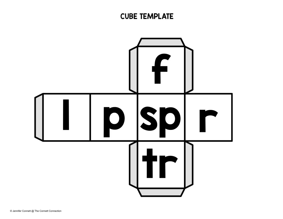 Onset cube template with f, l, p, sp, r and tr: students roll it with the ace die to blend and read -ace words