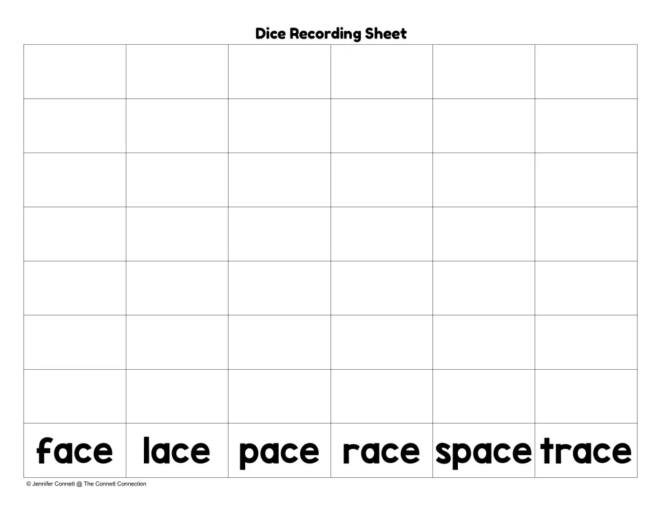 Dice recording sheet: students write each rolled word in the column for face, lace, pace, race, space or trace