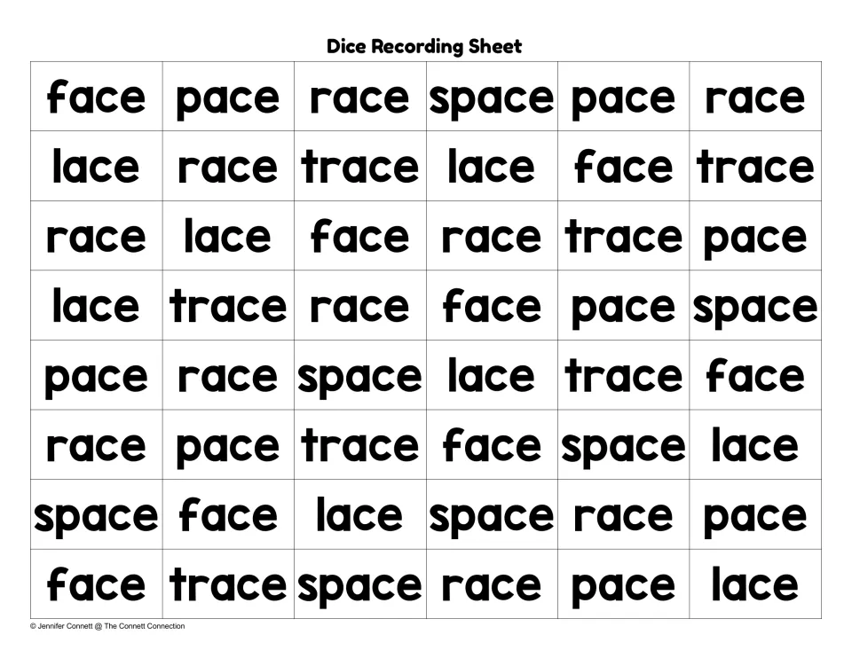 Dice recording sheet printed with 48 -ace words in mixed order: face, lace, pace, race, space and trace