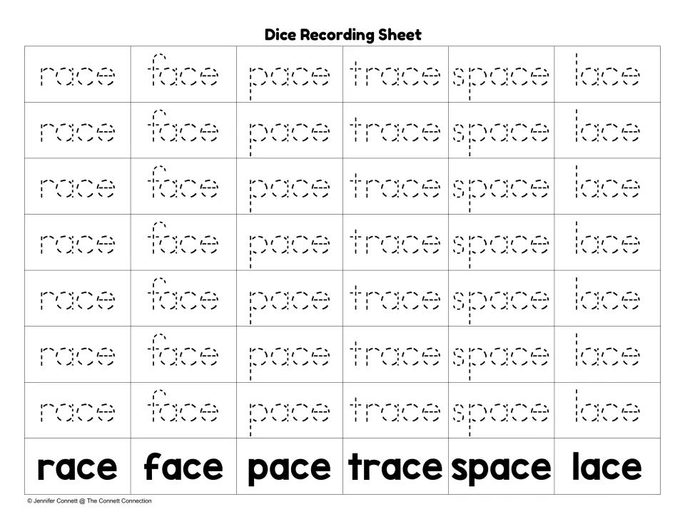 Tracing recording sheet: students trace dotted race, face, pace, trace, space and lace in the column of each roll