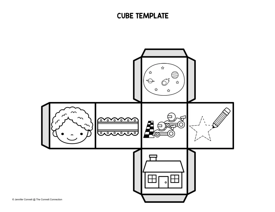 Black-and-white picture cube template showing a face, lace, race cars, a traced star, space and a house for -ace words