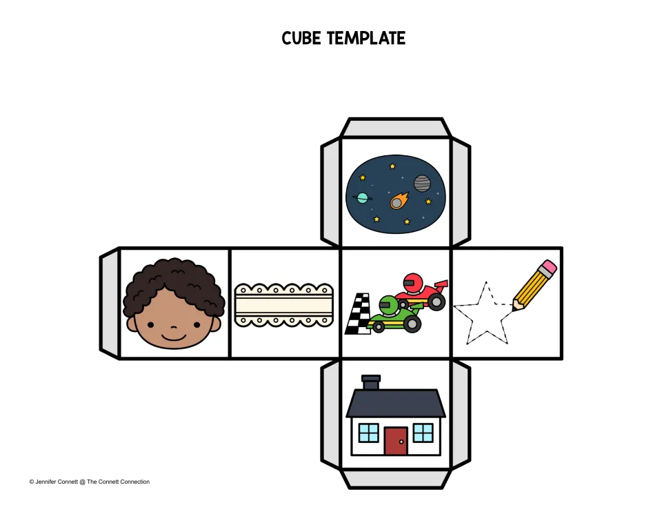 Color picture die template: face, lace, race cars, star being traced, outer space and a house as picture clues