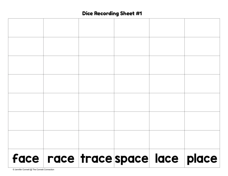 Dice Recording Sheet #1: students roll the picture die and write the word under face, race, trace, space, lace or place