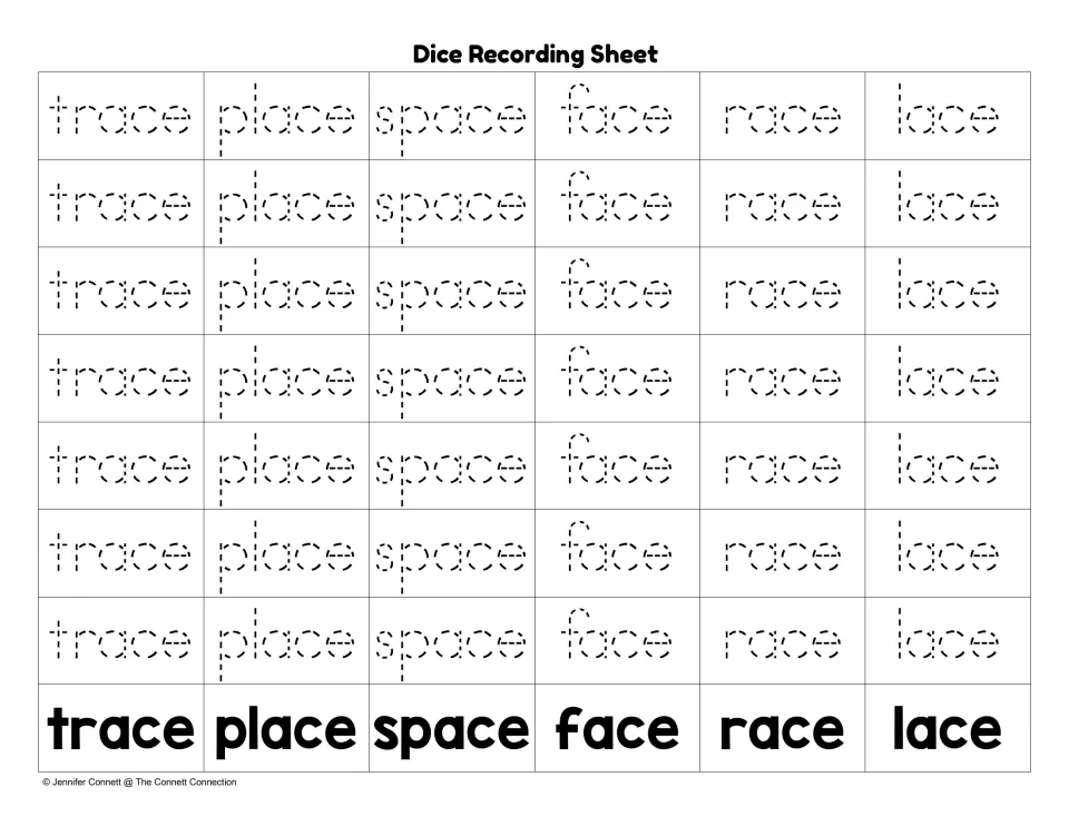 Picture die tracing sheet: students trace dotted trace, place, space, face, race and lace in the column matching each roll