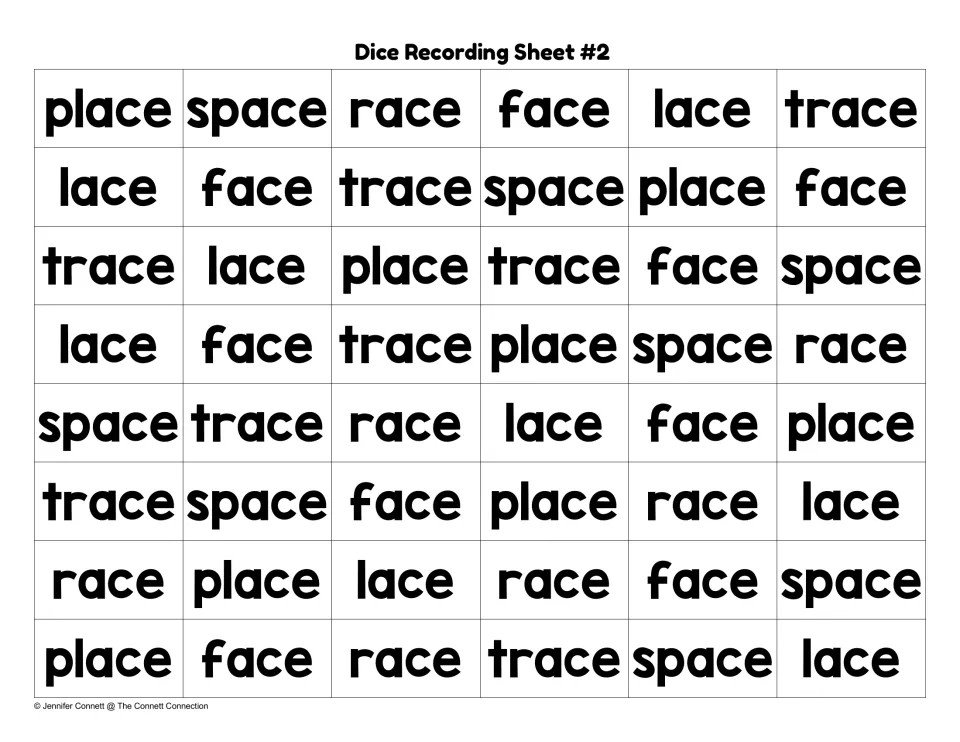 Dice Recording Sheet #2 printed with 48 -ace words, including place, in mixed order for the picture die game