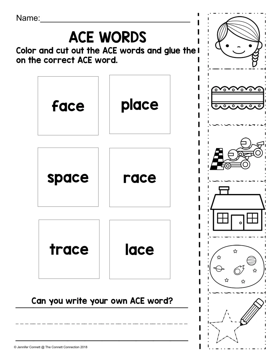 ACE picture-to-word matching activity for face, place, space, race, trace, and lace, plus a writing prompt