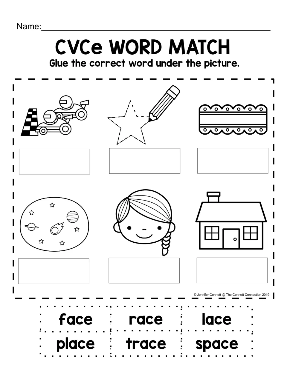 CVCe word-to-picture matching activity: cut out face, race, lace, place, trace, and space to label pictures