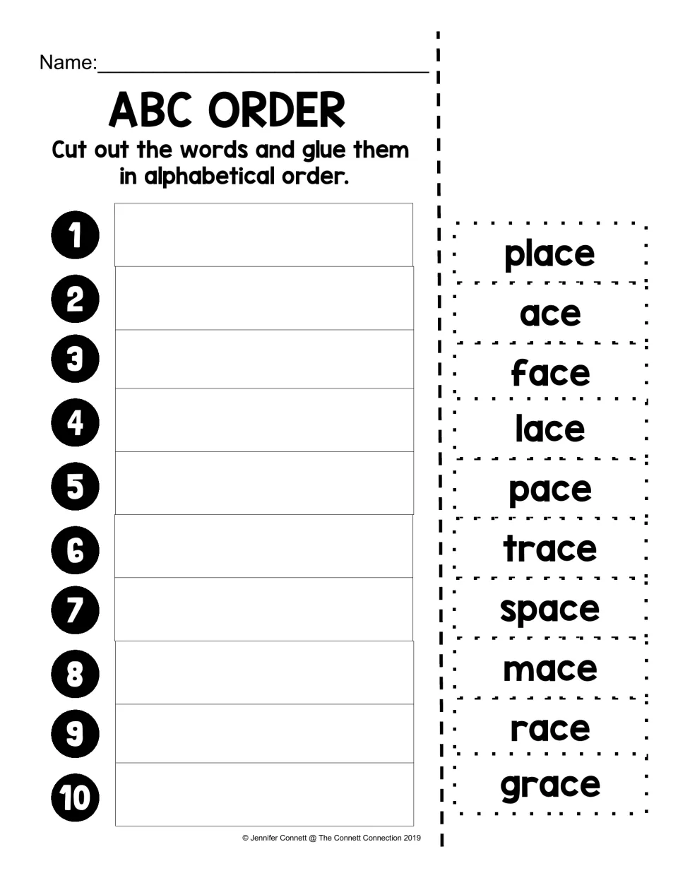 ACE alphabetical order activity: cut and paste ace, face, grace, lace, mace, pace, place, race, space, trace