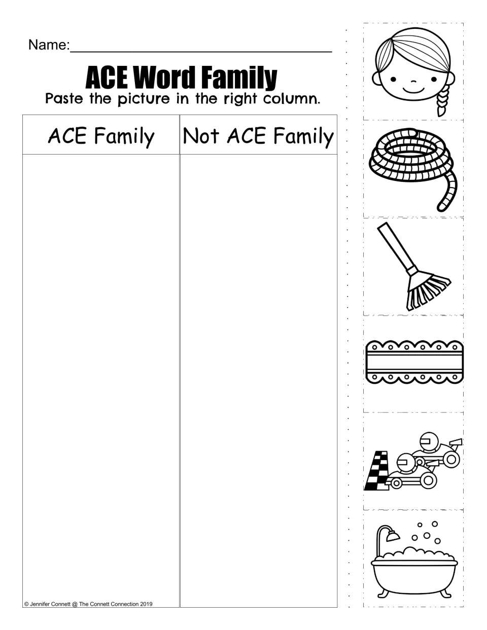ACE word family picture sort: classify face, rope, rake, lace, race, and bathtub as ACE or not ACE