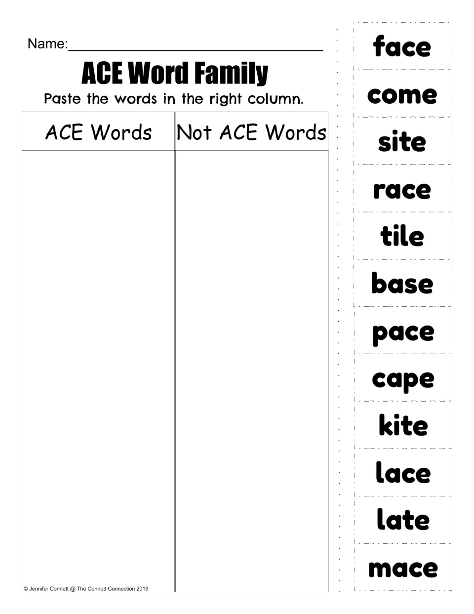ACE word family sorting activity with 12 cutouts, including face, come, site, race, tile, base, and pace