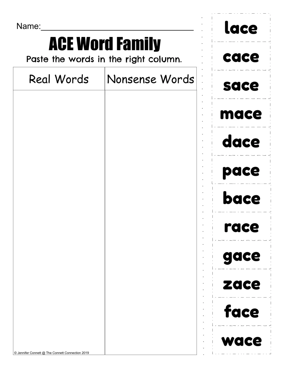 ACE real-word and nonsense-word sorting activity with 12 cutouts, including lace, cace, sace, and mace