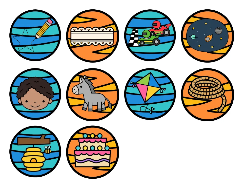 Word family picture cards: 10 round cards show a race car, face, space, lace, kite, cake and more for sorting by sound
