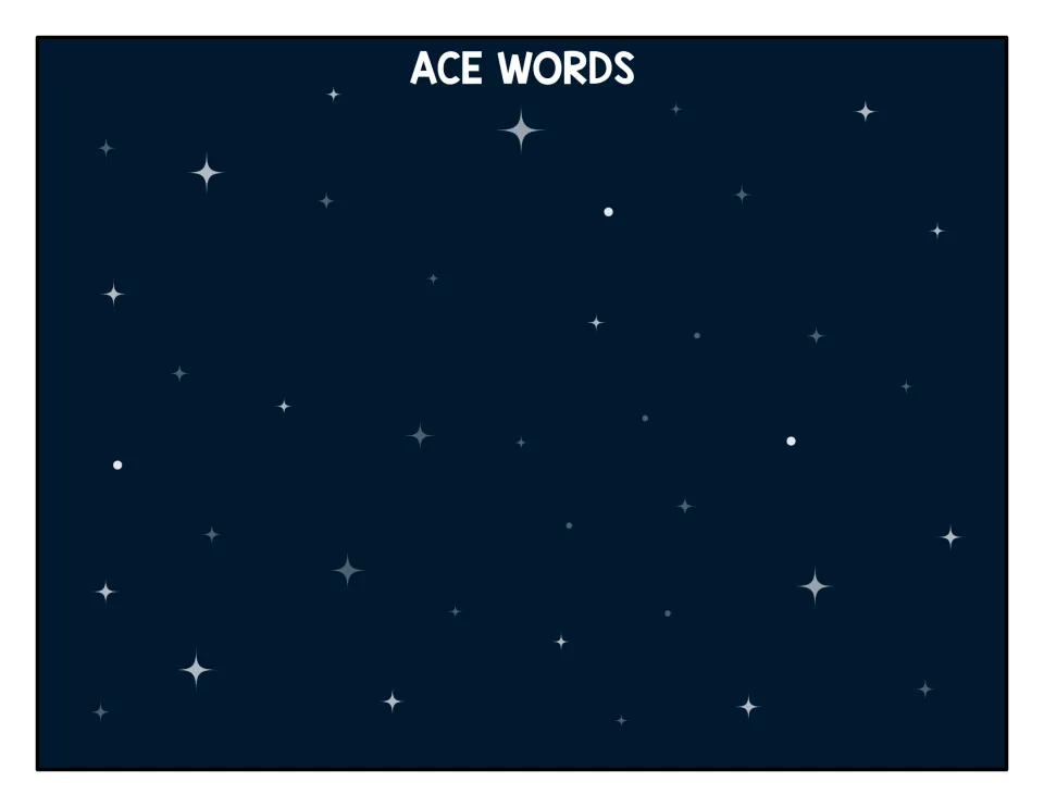 ACE WORDS sorting mat on a starry night sky where students place every card that belongs to the -ace word family