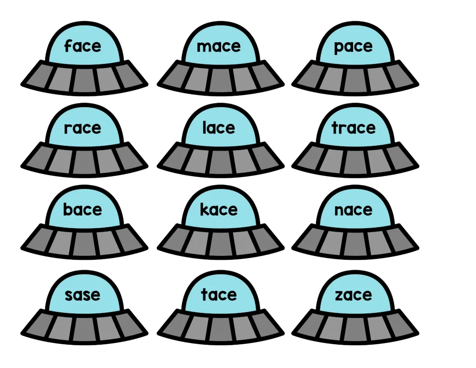 Real or nonsense -ace cards: face, mace, pace, race, lace, trace and made-up bace, kace, nace, sase, tace, zace