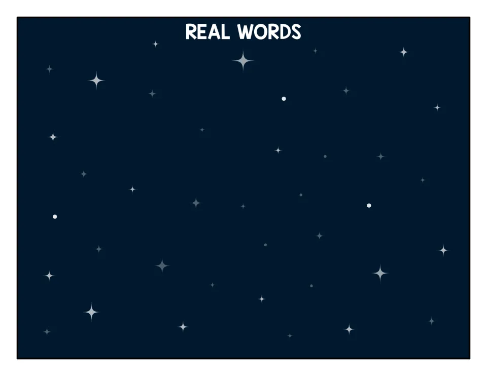 REAL WORDS sorting mat on a starry sky where students place the -ace cards that are true words, such as face and trace