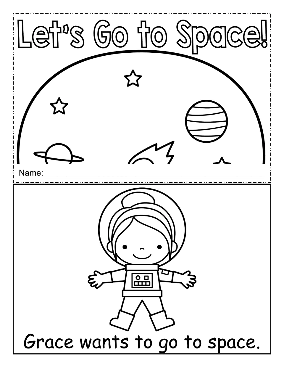 Let's Go to Space! booklet cover with name line and planets, plus page 1: Grace the astronaut wants to go to space
