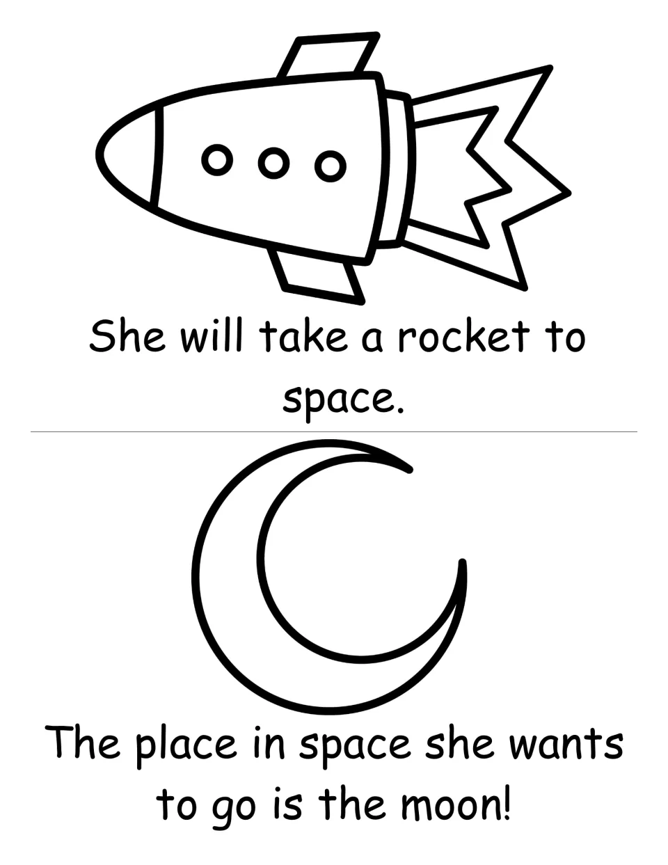 Rocket and moon: students read 'She will take a rocket to space' and 'The place in space she wants to go is the moon!'