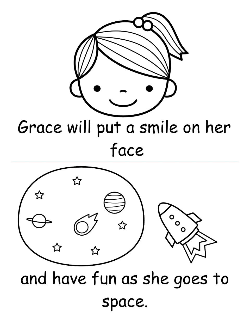 Final story pages: students read that Grace will put a smile on her face and have fun as she goes to space