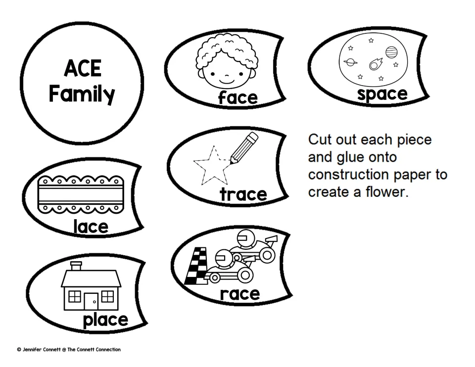 ACE word family flower: students cut out labeled petals for face, space, trace, lace, race and place and glue them on