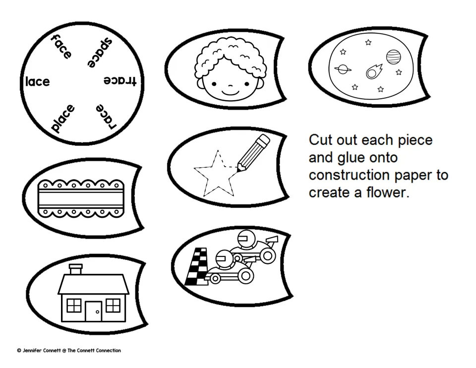 -ace flower, unlabeled version: picture petals to cut and glue around a center printed with face, lace, place and more