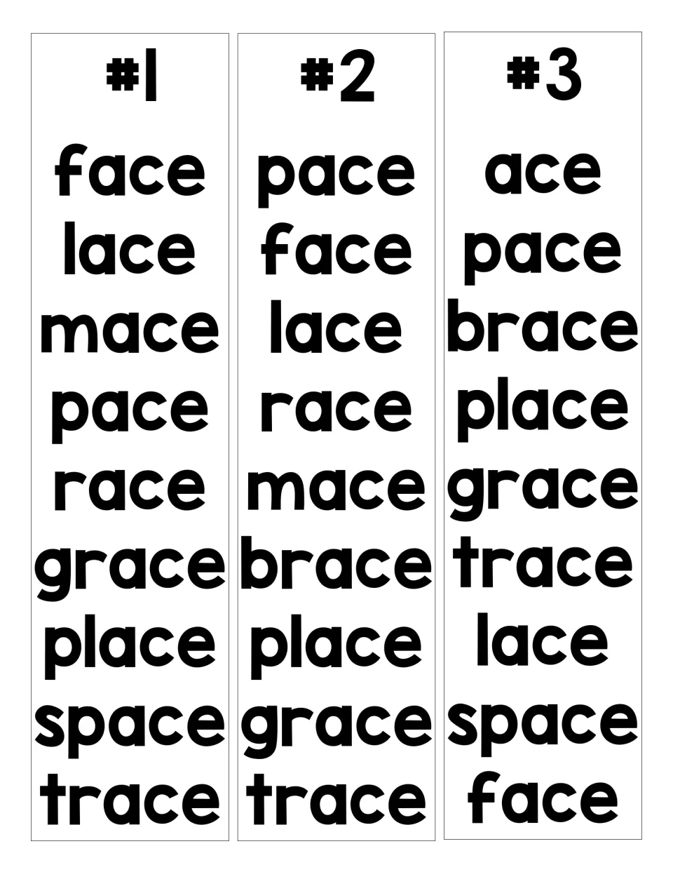 -ace word family lists #1 to #3: students read face, lace, pace, race, grace, brace, place, space and trace in mixed order